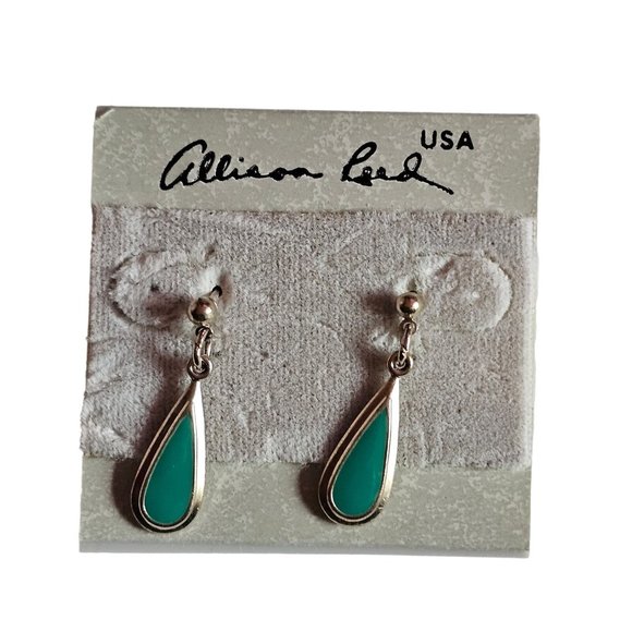 Vintage ALLISON REED Blue Green Tear Drop Dangle Silver Tone PIERCED EARRINGS - Picture 5 of 7
